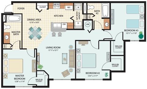 Floor plan for 3 beds, 2 baths, 1240 sqft